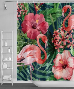 Botanical Palm Leaves and Flamingo Shower Curtain for a Summer Bathroom