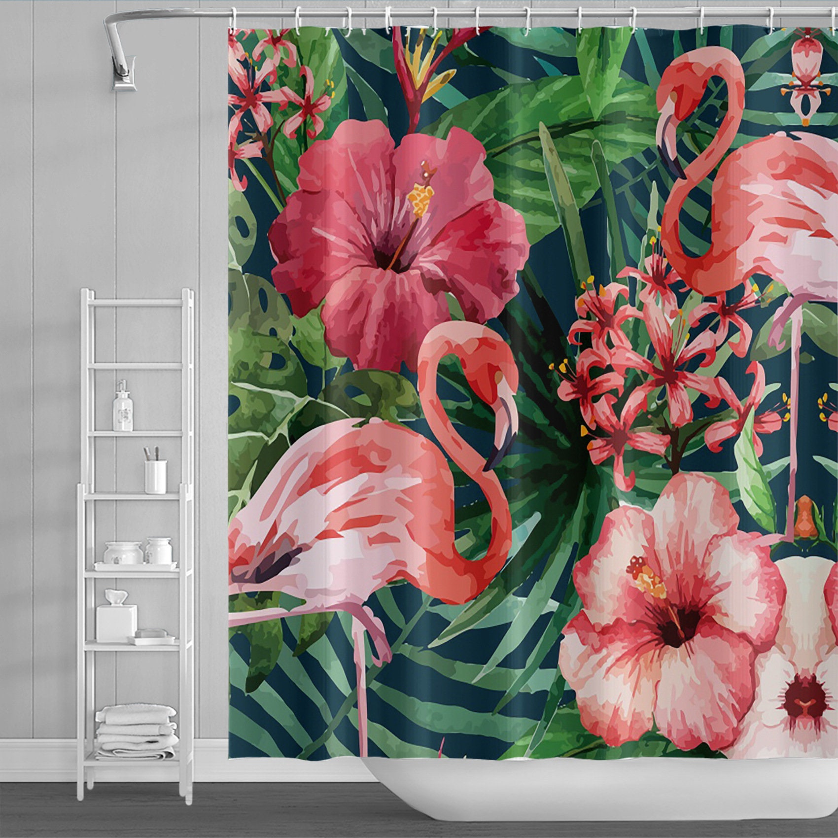 Botanical Palm Leaves and Flamingo Shower Curtain for a Summer Bathroom