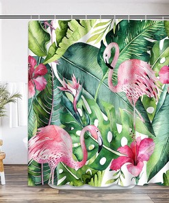 Botanical Palm Leaves and Flamingo Shower Curtain for a Summer Bathroom
