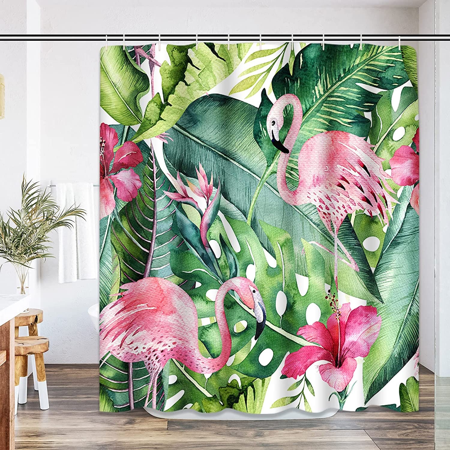 Botanical Palm Leaves and Flamingo Shower Curtain for a Summer Bathroom