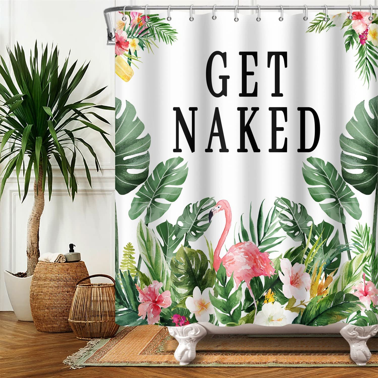 Botanical Palm Leaves and Flamingo Shower Curtain for a Summer Bathroom