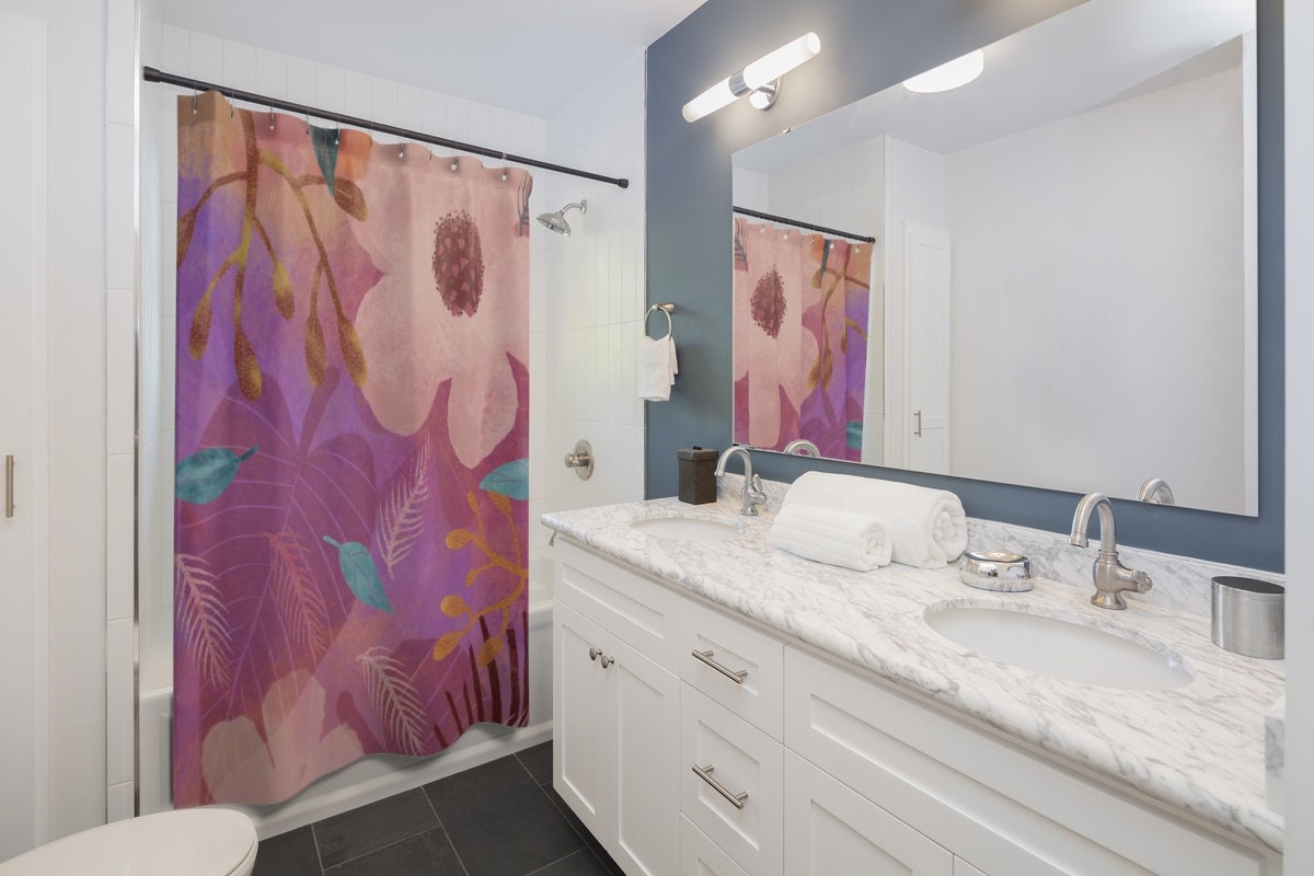Botanical Pink Floral Shower Curtain Perfect for Housewarming Gift