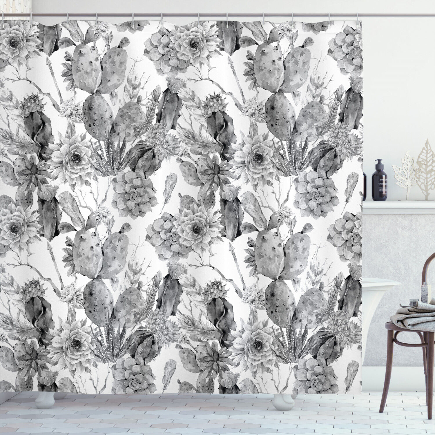 Botanical Print Cactus Shower Curtain For A Boho Chic Bathroom
