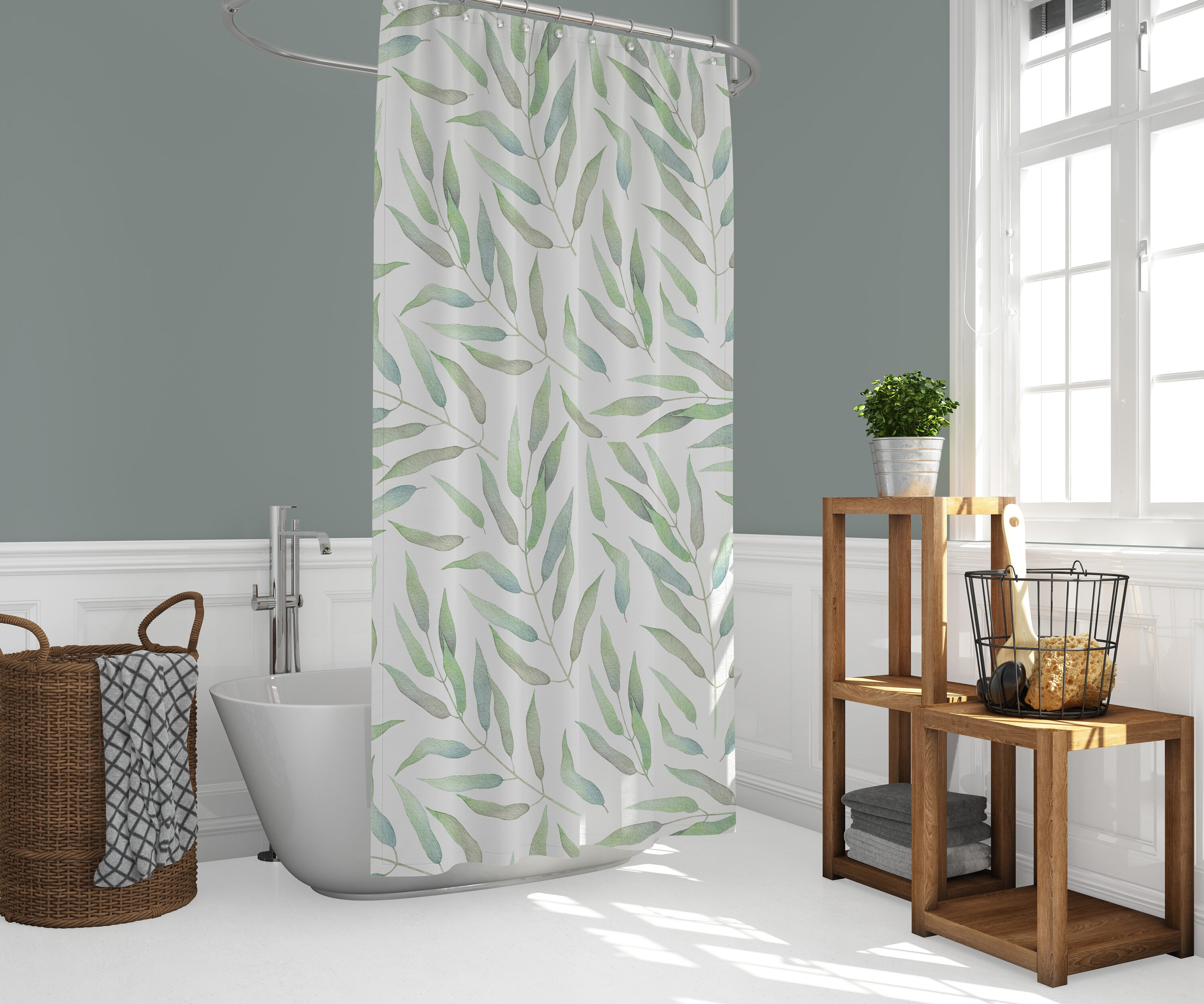 Botanical Print Fabric Shower Curtain for Boho Bathrooms