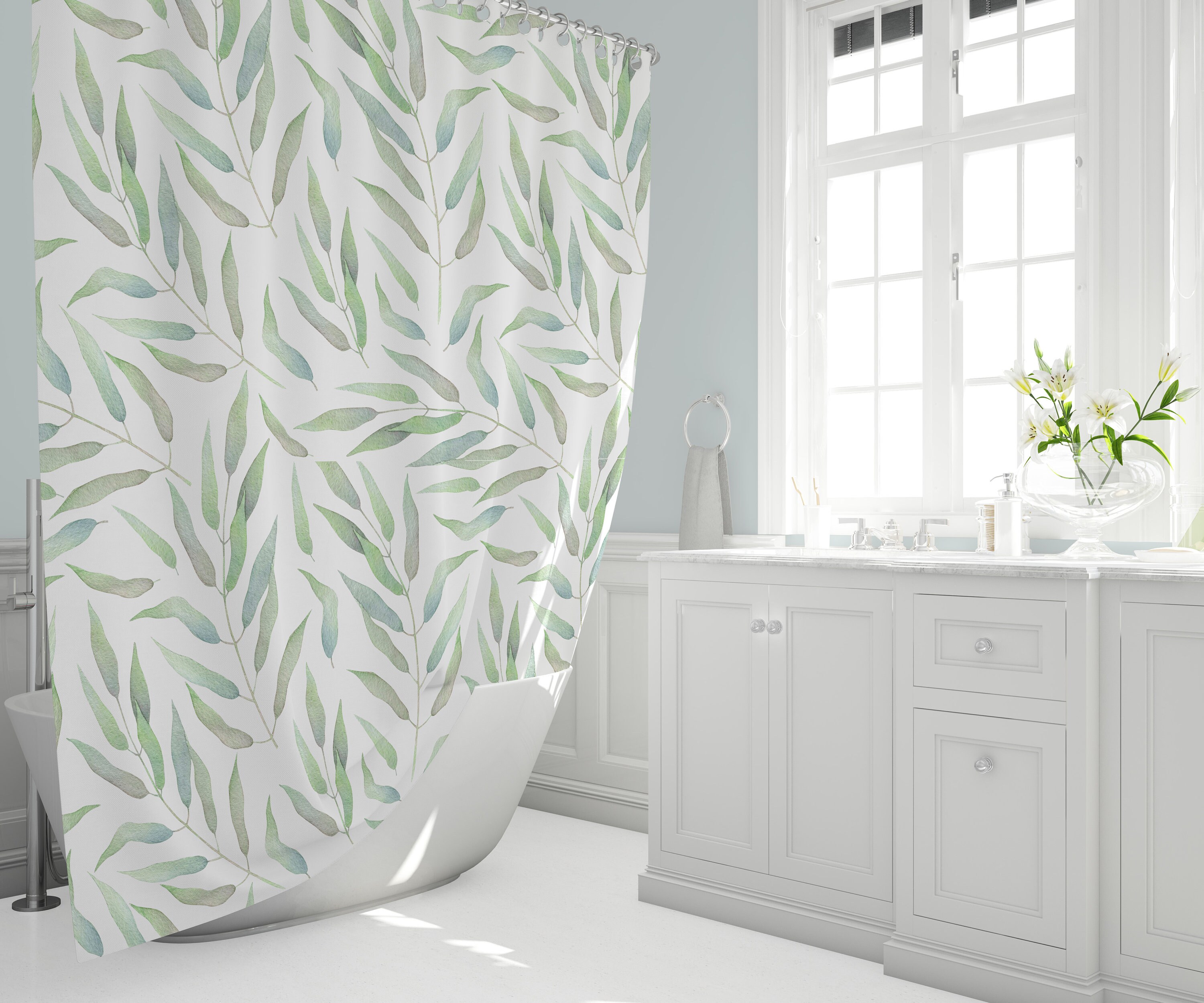 Botanical Print Fabric Shower Curtain for Boho Bathrooms