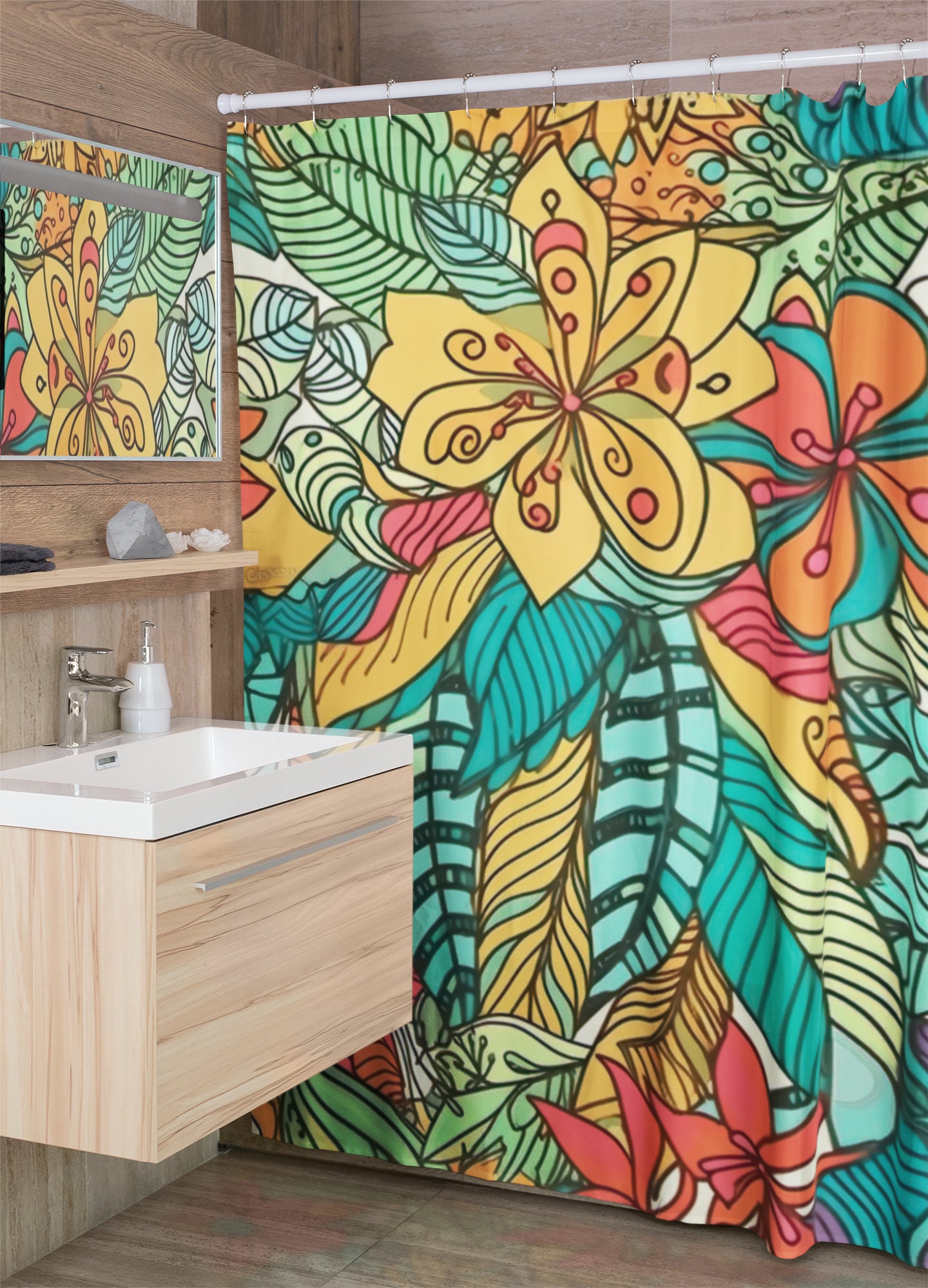 Botanical Print Shower Curtain With Floral And Intricate Design