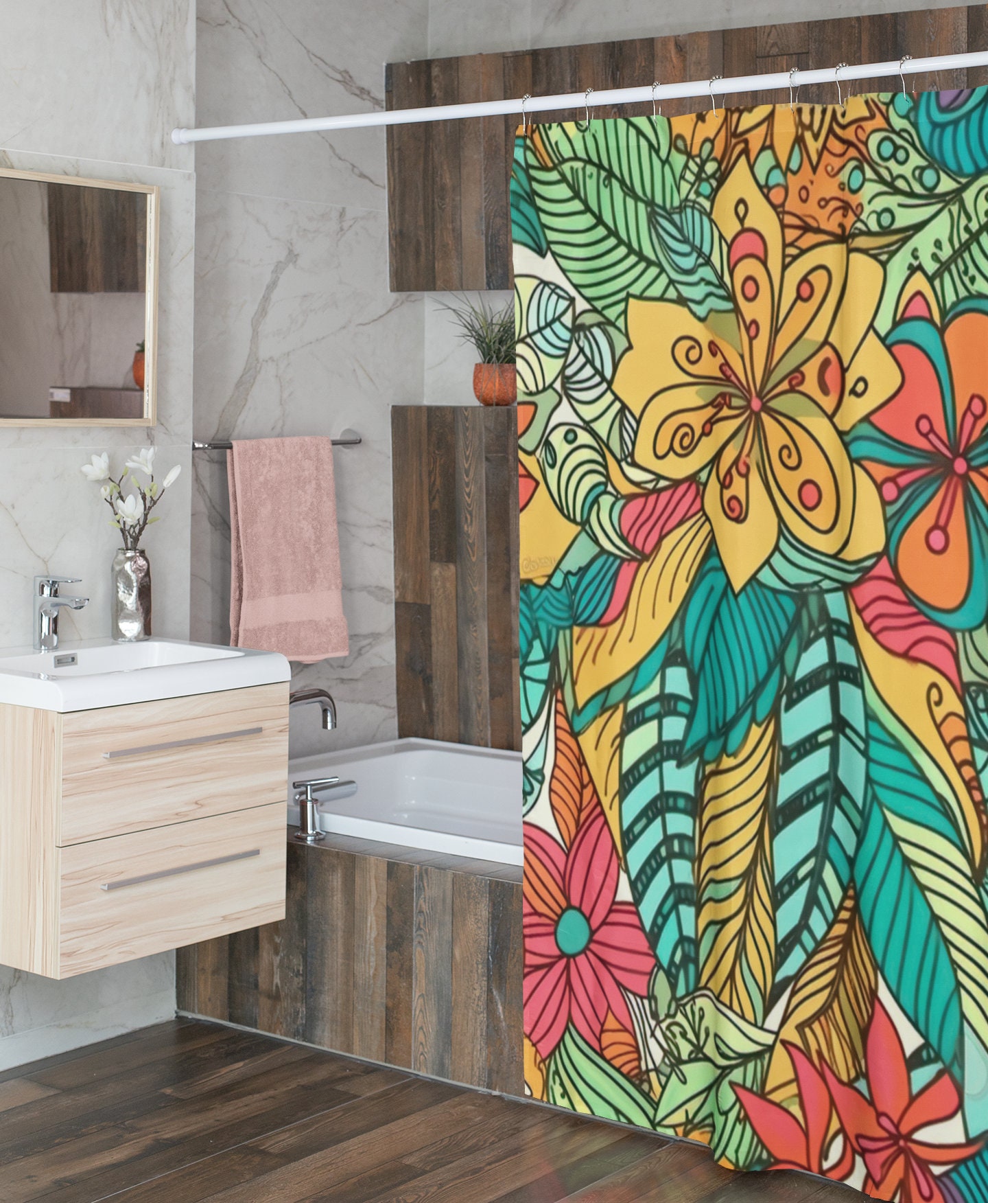 Botanical Print Shower Curtain With Floral And Intricate Design - Image 2