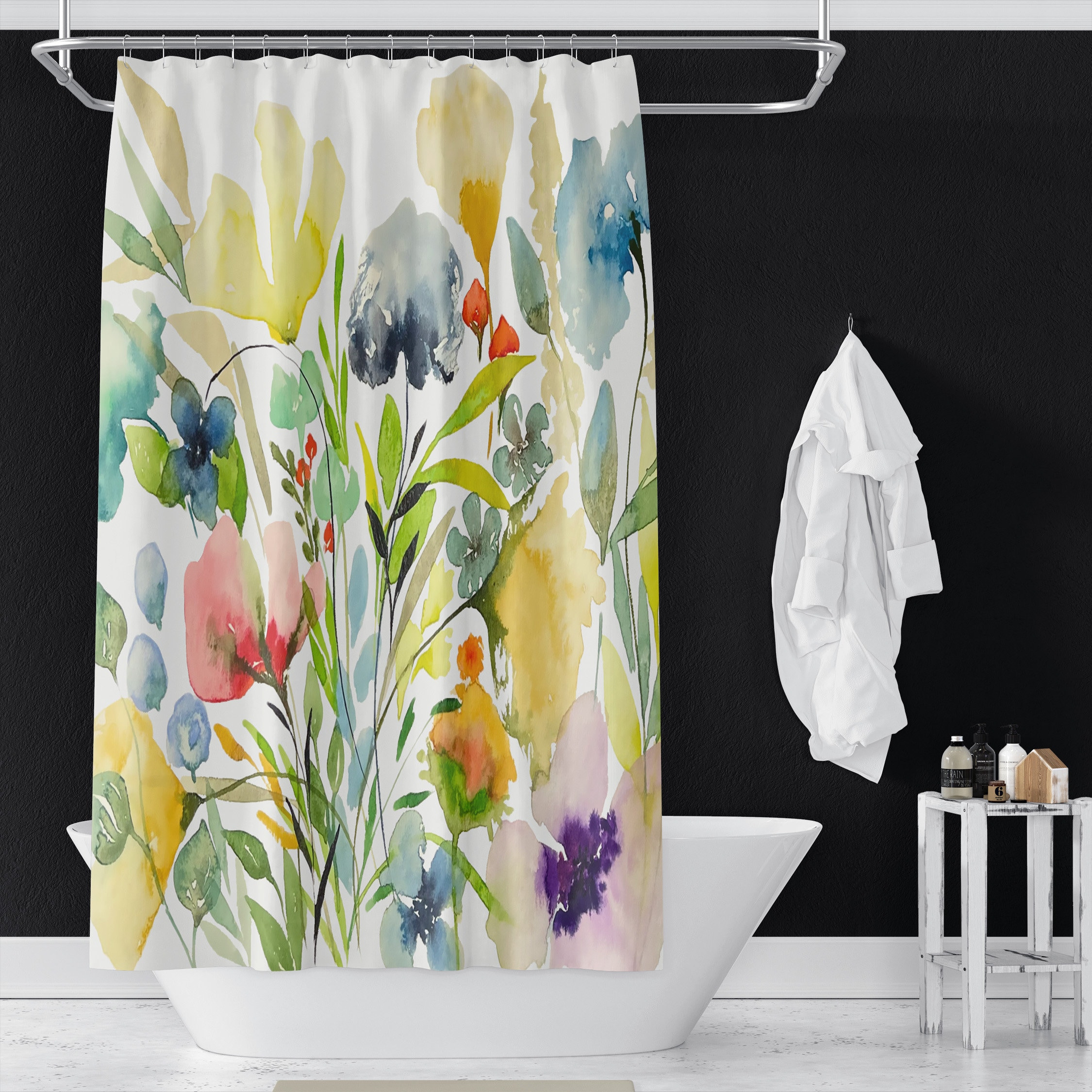 Botanical Print Shower Curtain With Watercolor Flowers, Bathroom Decor For Floral Lovers