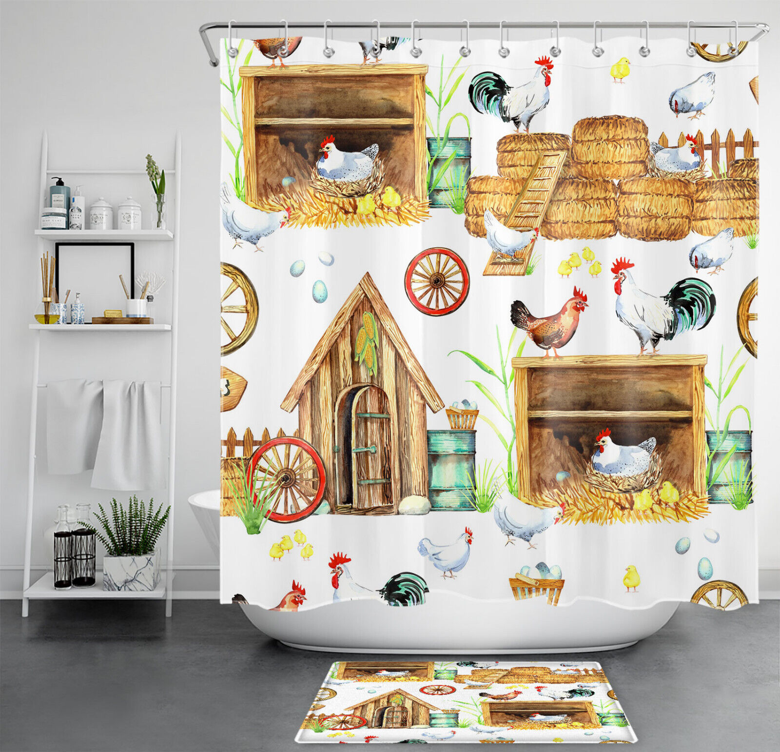 Botanical Rooster Shower Curtain with Farm Animals for a Rustic and Cozy Vibe