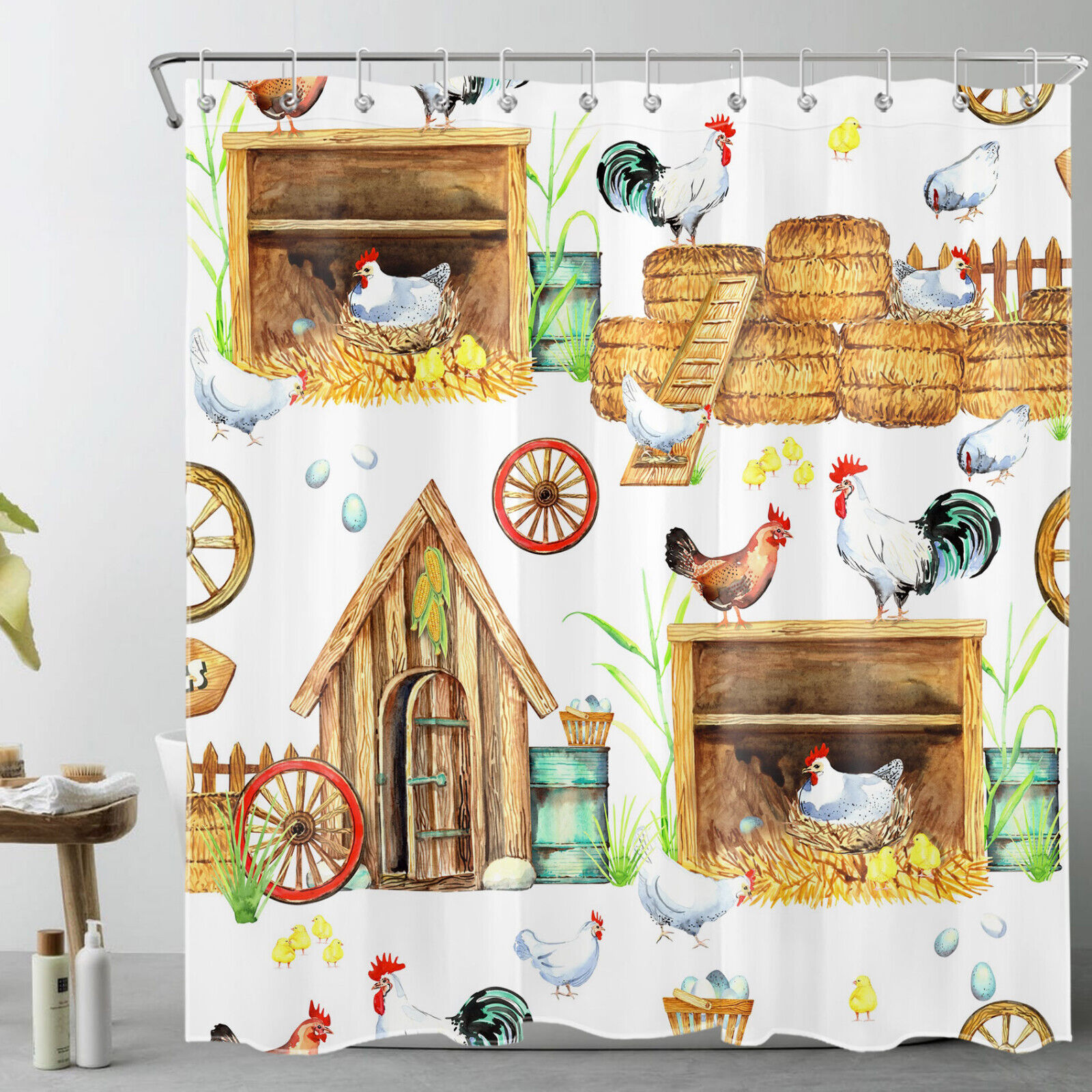 Botanical Rooster Shower Curtain with Farm Animals for a Rustic and Cozy Vibe