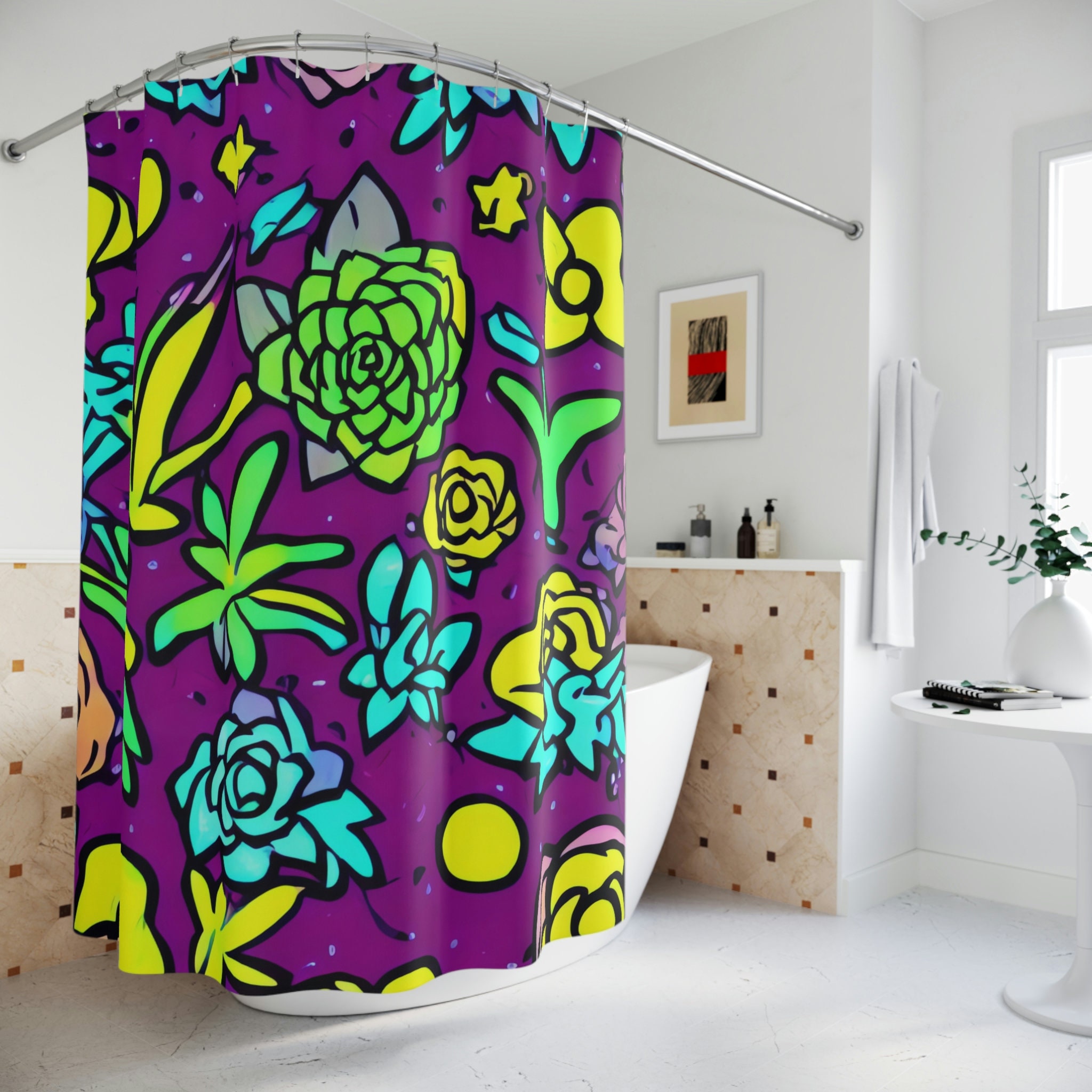 Botanical Shower Curtain, AI Art Print, Modern Bathroom Decor, Abstract Art