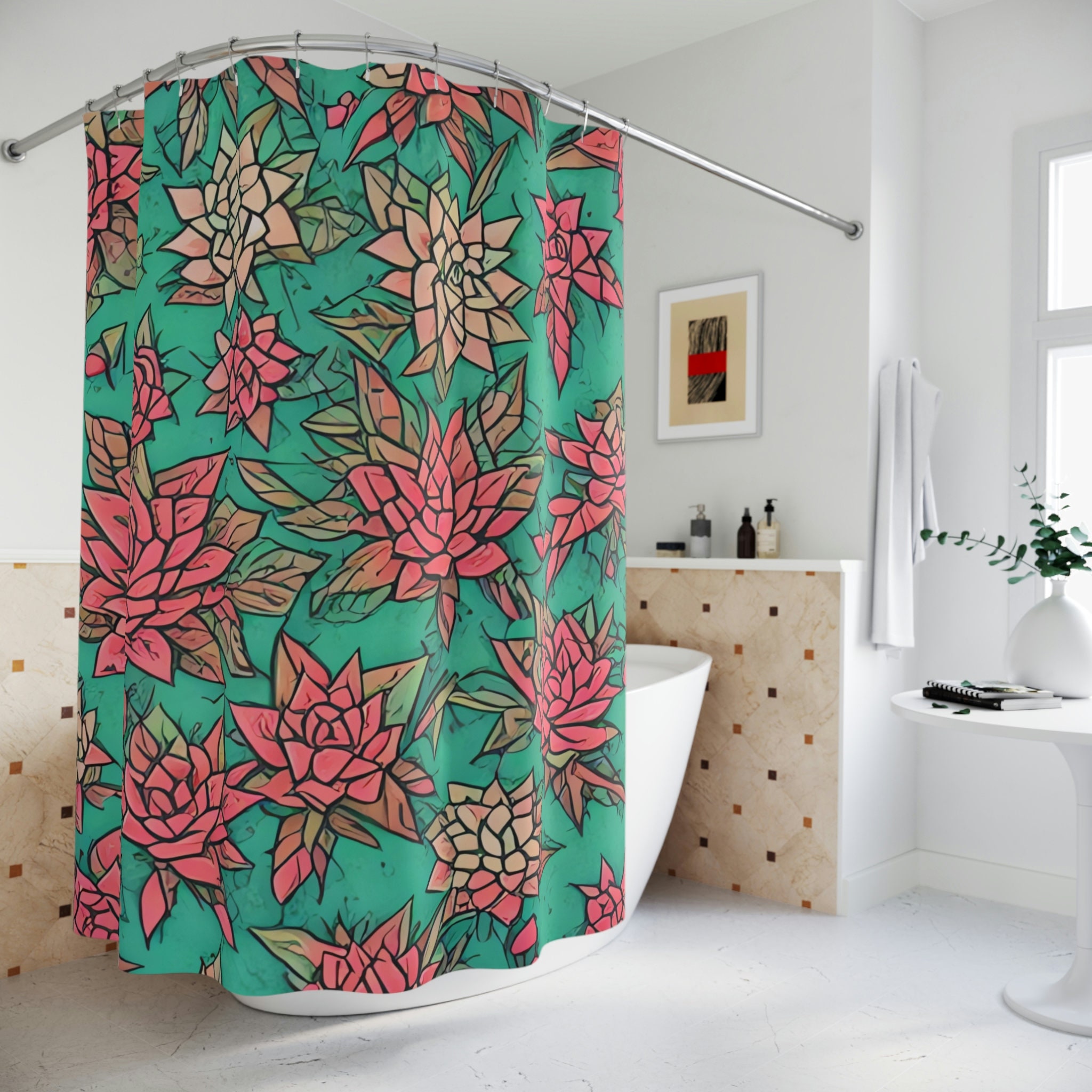 Botanical Shower Curtain, AI Art Print, Modern Bathroom Decor, Abstract Art, Stunning Succulent Pattern.