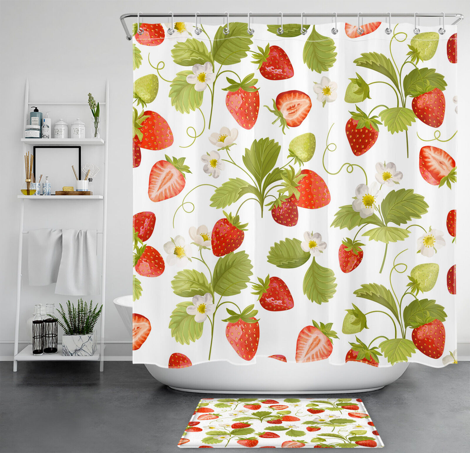 Botanical Shower Curtain Set - Green Spring Botanical Strawberry And White Blooms Bathroom Box Curtain