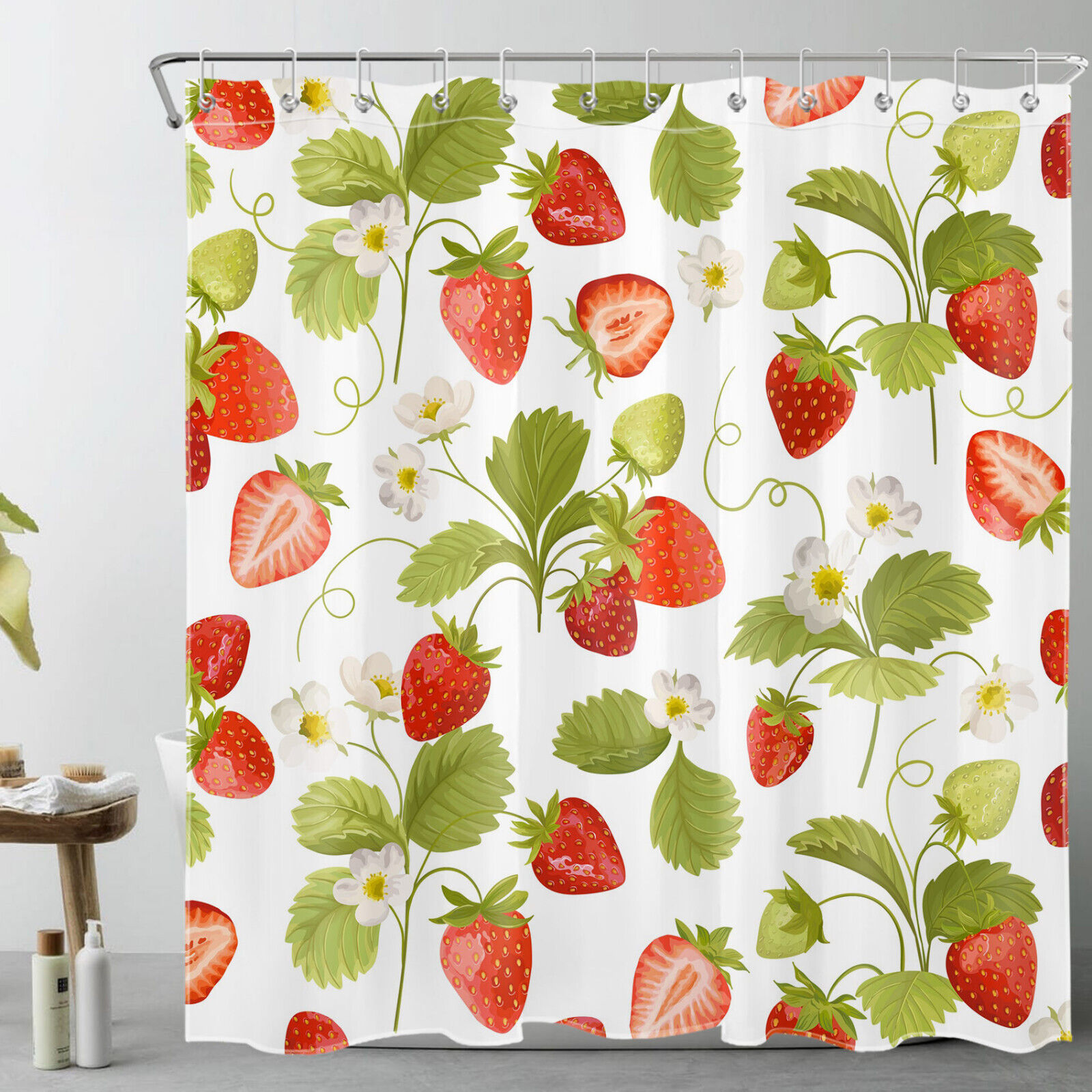 Botanical Shower Curtain Set - Green Spring Botanical Strawberry And White Blooms Bathroom Box Curtain