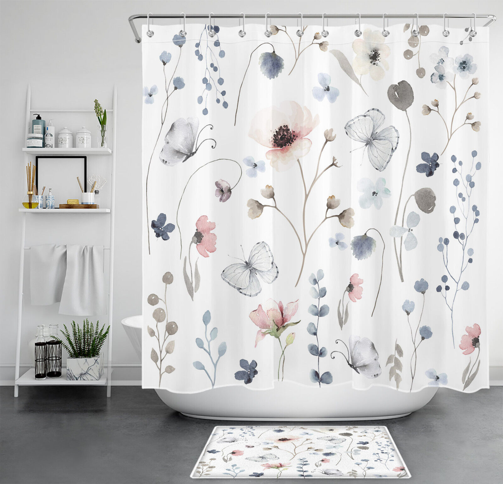Botanical Shower Curtain With Butterflies And Colorful Flowers, Ideal For Bathroom Decor