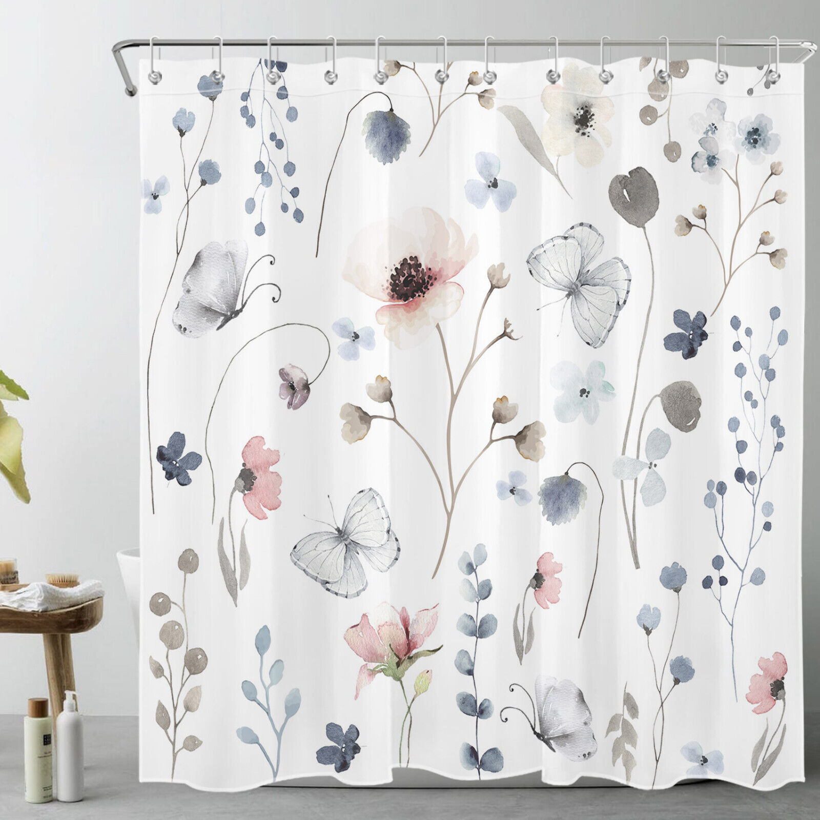 Botanical Shower Curtain With Butterflies And Colorful Flowers, Ideal For Bathroom Decor - Image 2