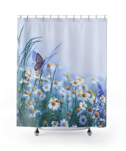 Botanical Shower Curtain With Butterfly And Daisy Prints For Gardener Gift