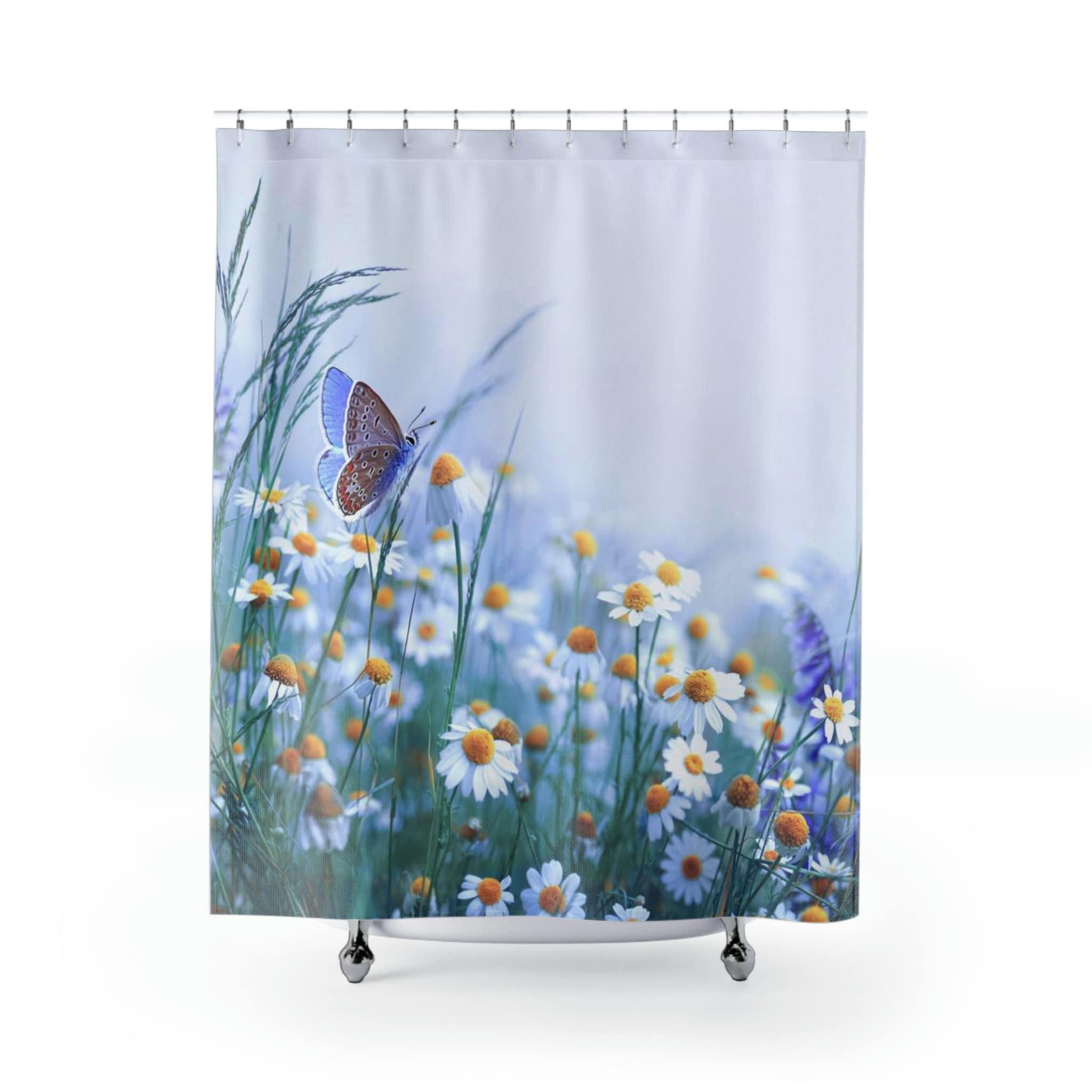 Botanical Shower Curtain With Butterfly And Daisy Prints For Gardener Gift
