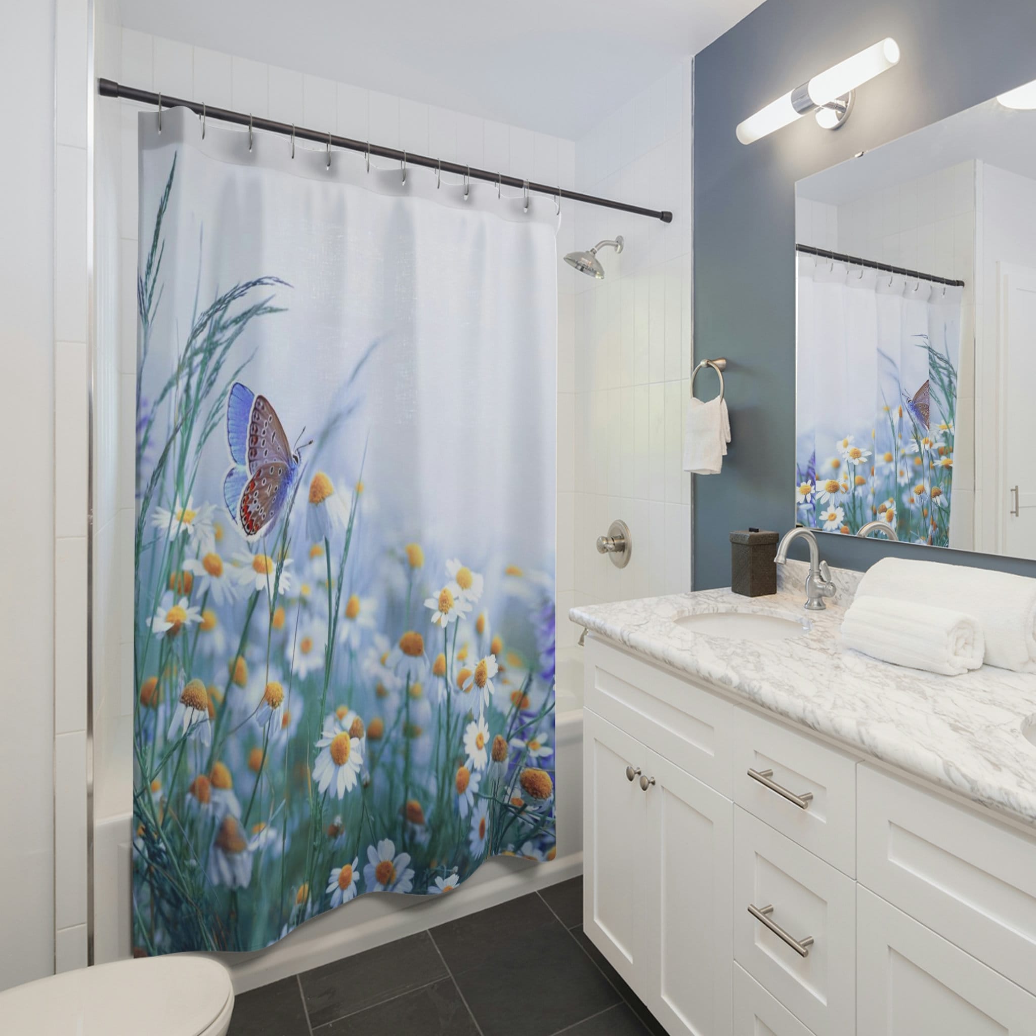 Botanical Shower Curtain With Butterfly And Daisy Prints For Gardener Gift - Image 2