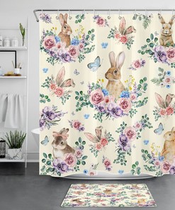 Botanical Shower Curtain With Butterfly, Flower, And Rabbit Print - A Beige And Rustic Addition To Your Restroom Decor