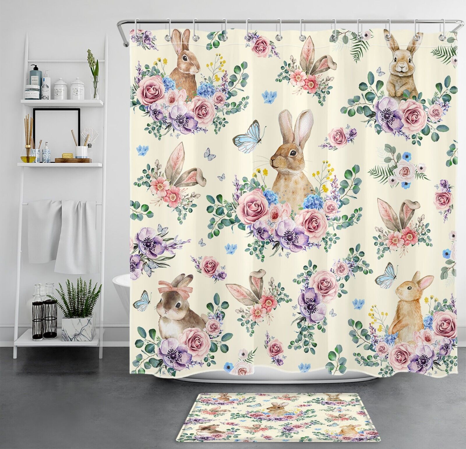 Botanical Shower Curtain With Butterfly, Flower, And Rabbit Print - A Beige And Rustic Addition To Your Restroom Decor