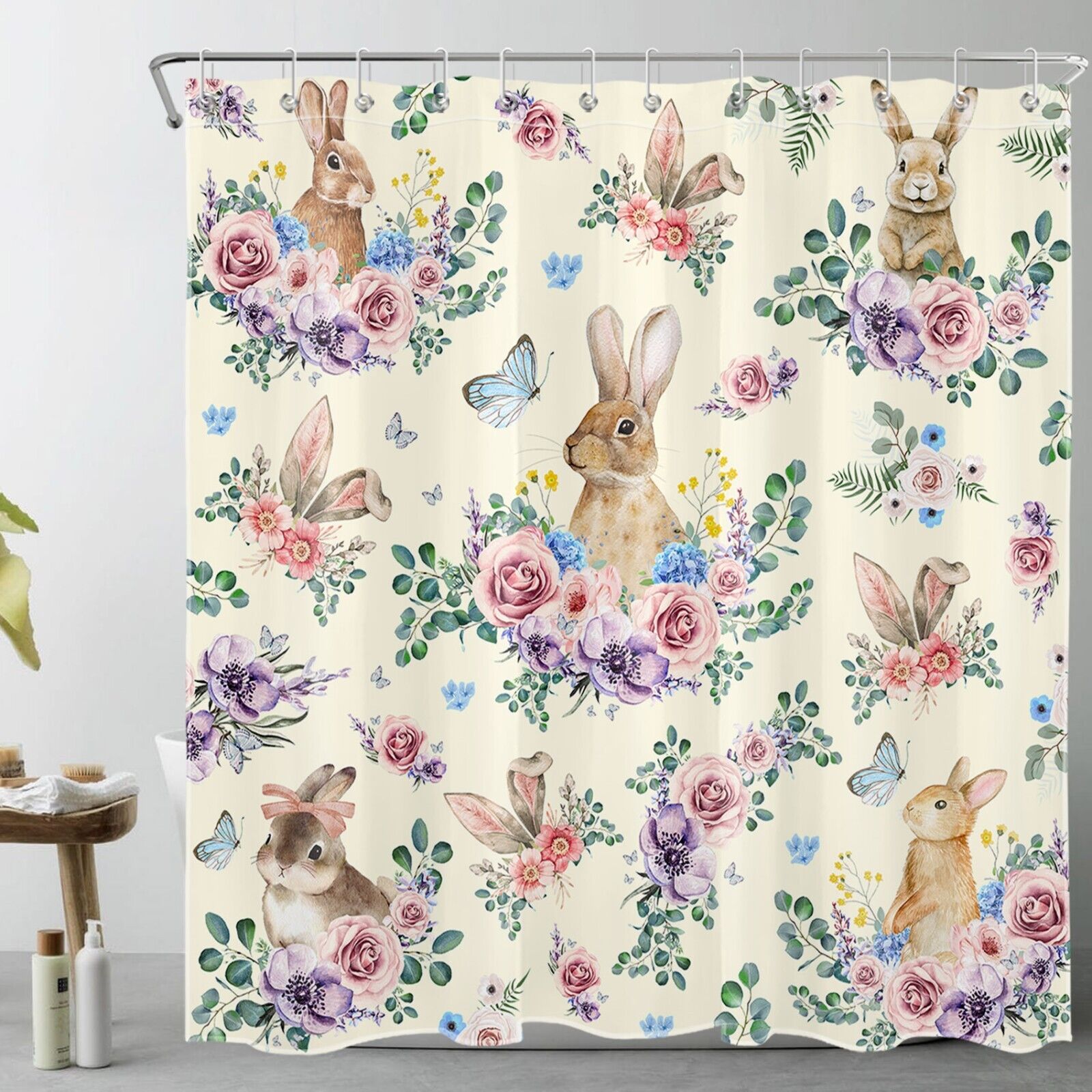 Botanical Shower Curtain With Butterfly, Flower, And Rabbit Print - A Beige And Rustic Addition To Your Restroom Decor - Image 2