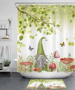 Botanical Shower Curtain With Butterfly, Mushroom, And Gnome Prints For Bathroom Decor