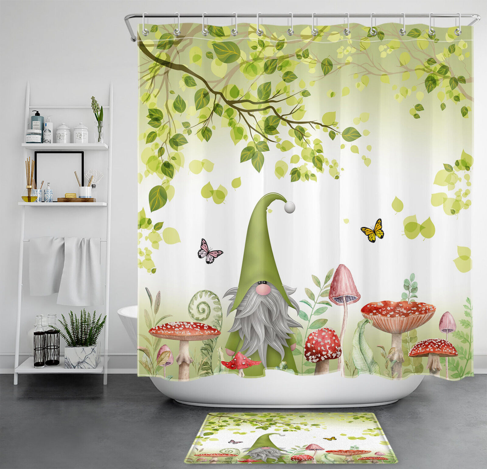 Botanical Shower Curtain With Butterfly, Mushroom, And Gnome Prints For Bathroom Decor