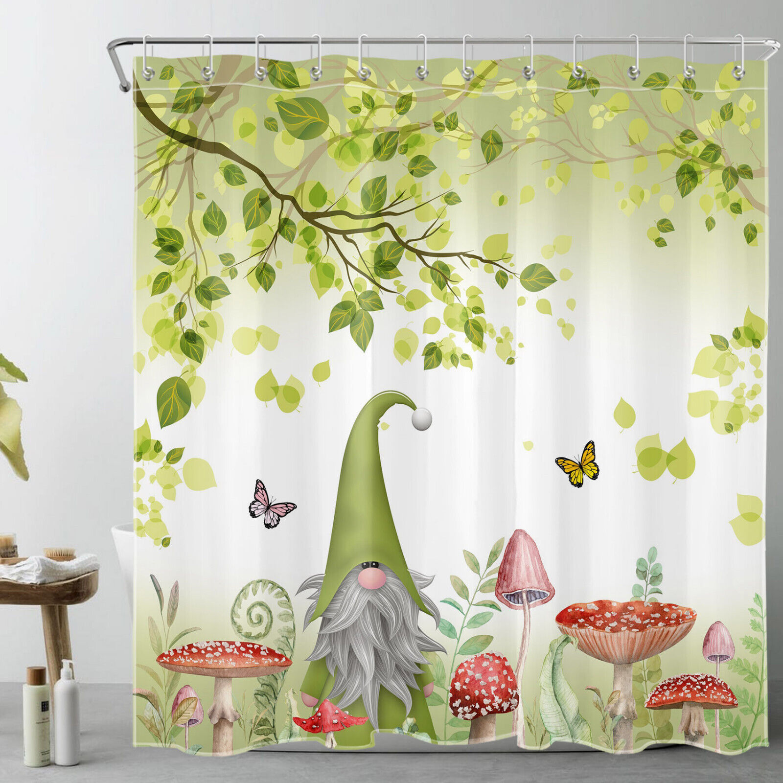 Botanical Shower Curtain With Butterfly, Mushroom, And Gnome Prints For Bathroom Decor - Image 2