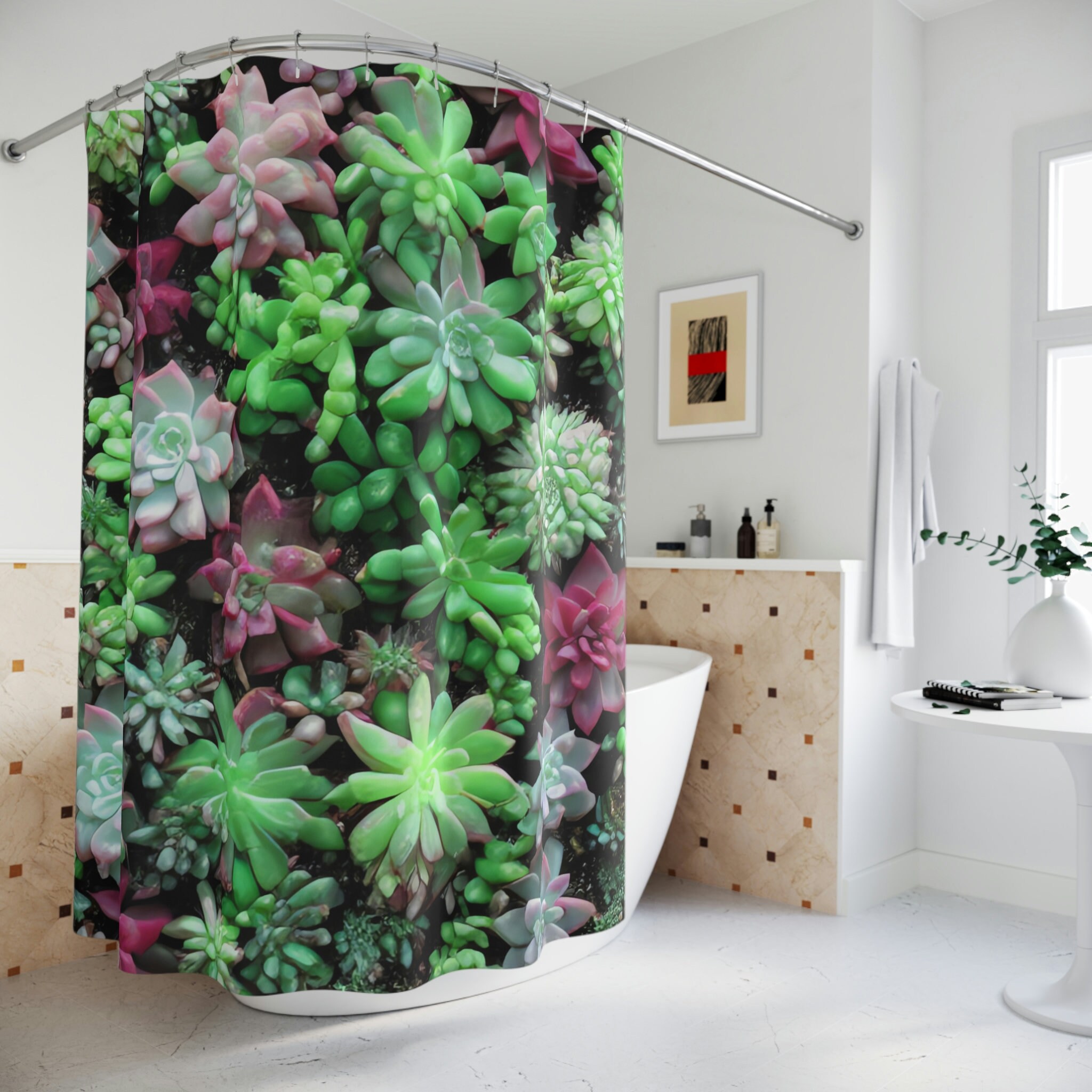 Botanical Shower Curtain in Abstract Art with Succulent AI Art Print for Modern Bathroom Decor