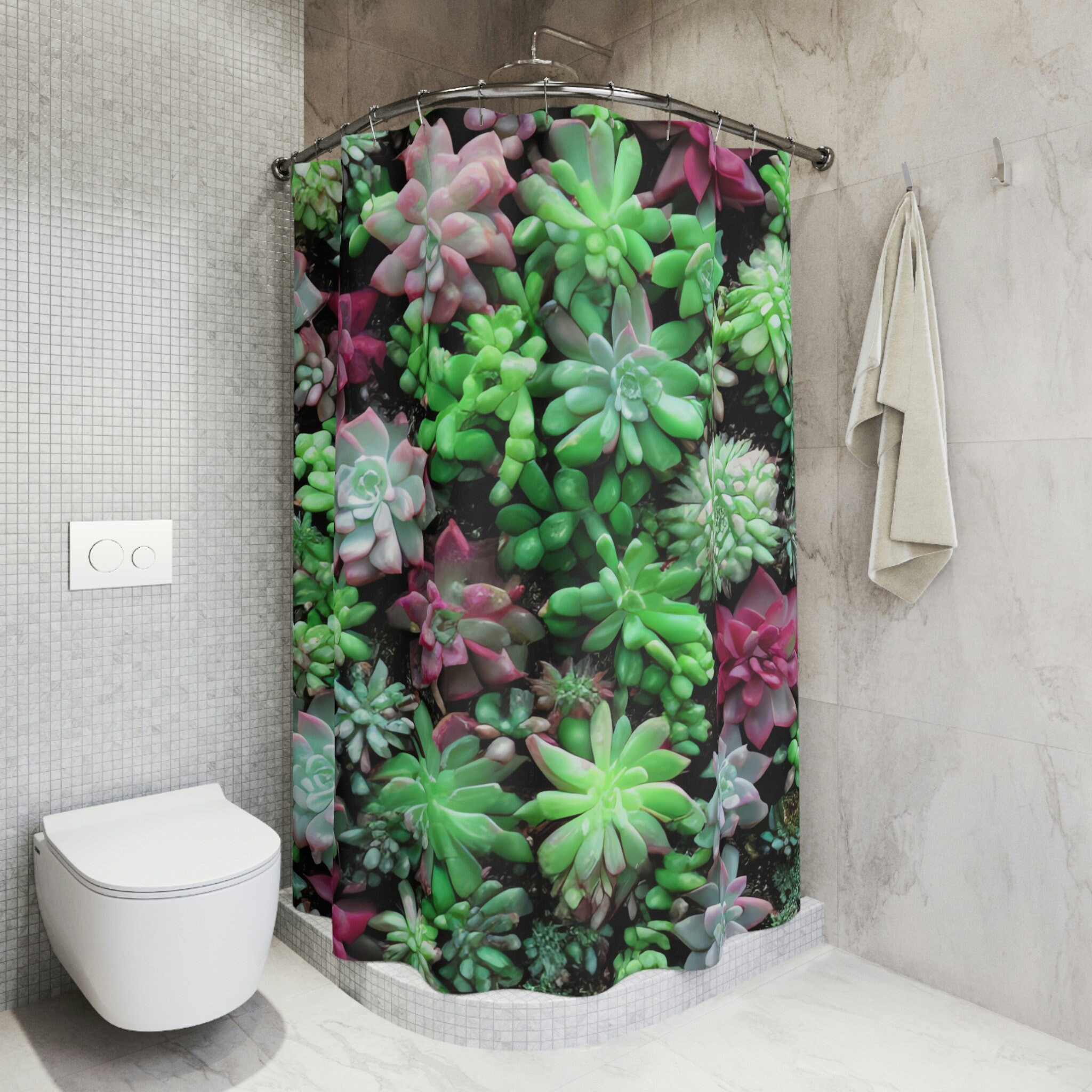 Botanical Shower Curtain in Abstract Art with Succulent AI Art Print for Modern Bathroom Decor
