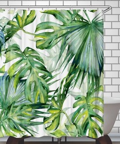 Botanical Shower Curtain with Green Leaves Print for Bathroom