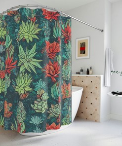Botanical Shower Curtain with Succulent AI Art Print, Modern Bathroom Decor in Abstract Art