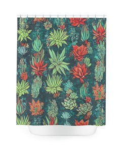 Botanical Shower Curtain with Succulent AI Art Print, Modern Bathroom Decor in Abstract Art