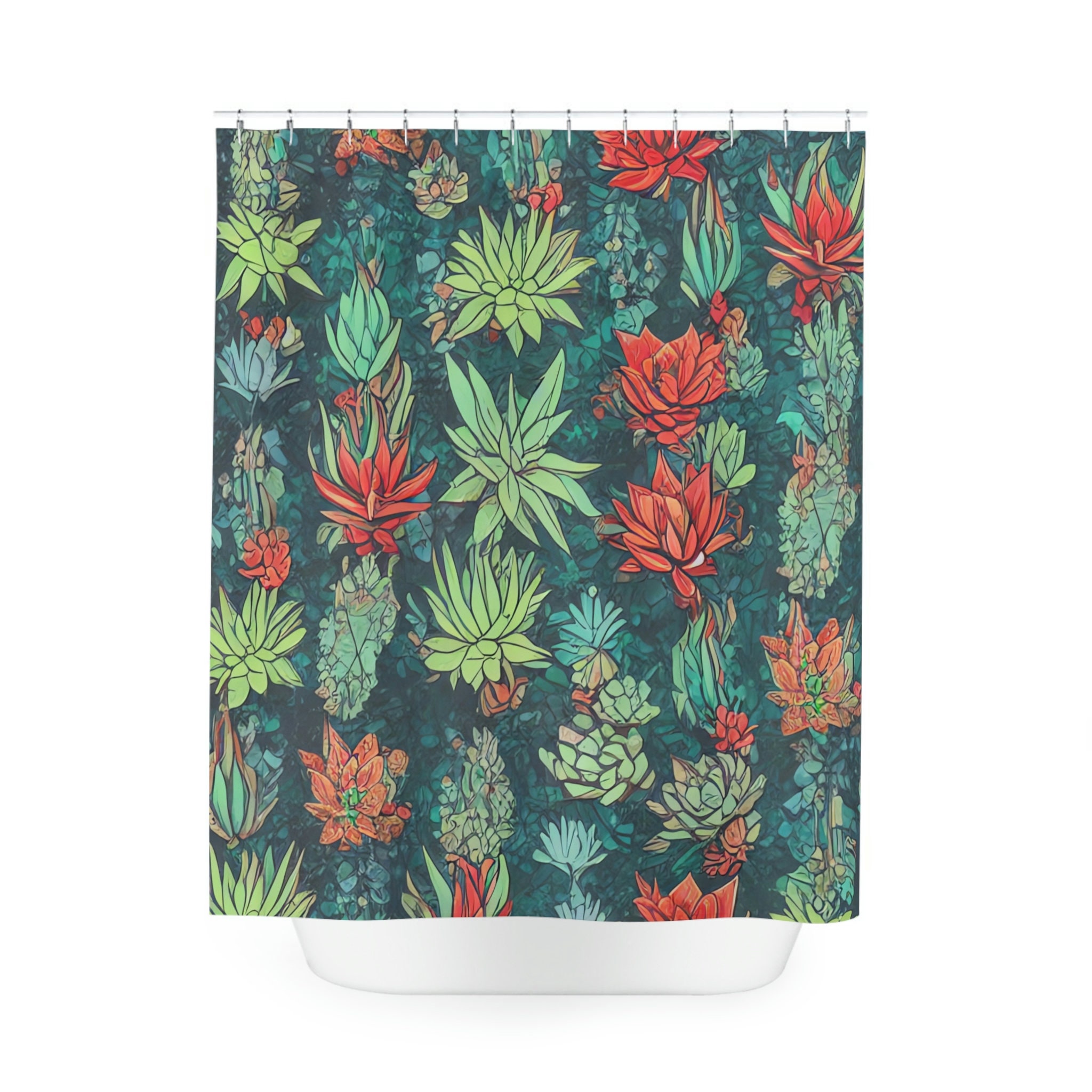 Botanical Shower Curtain with Succulent AI Art Print, Modern Bathroom Decor in Abstract Art