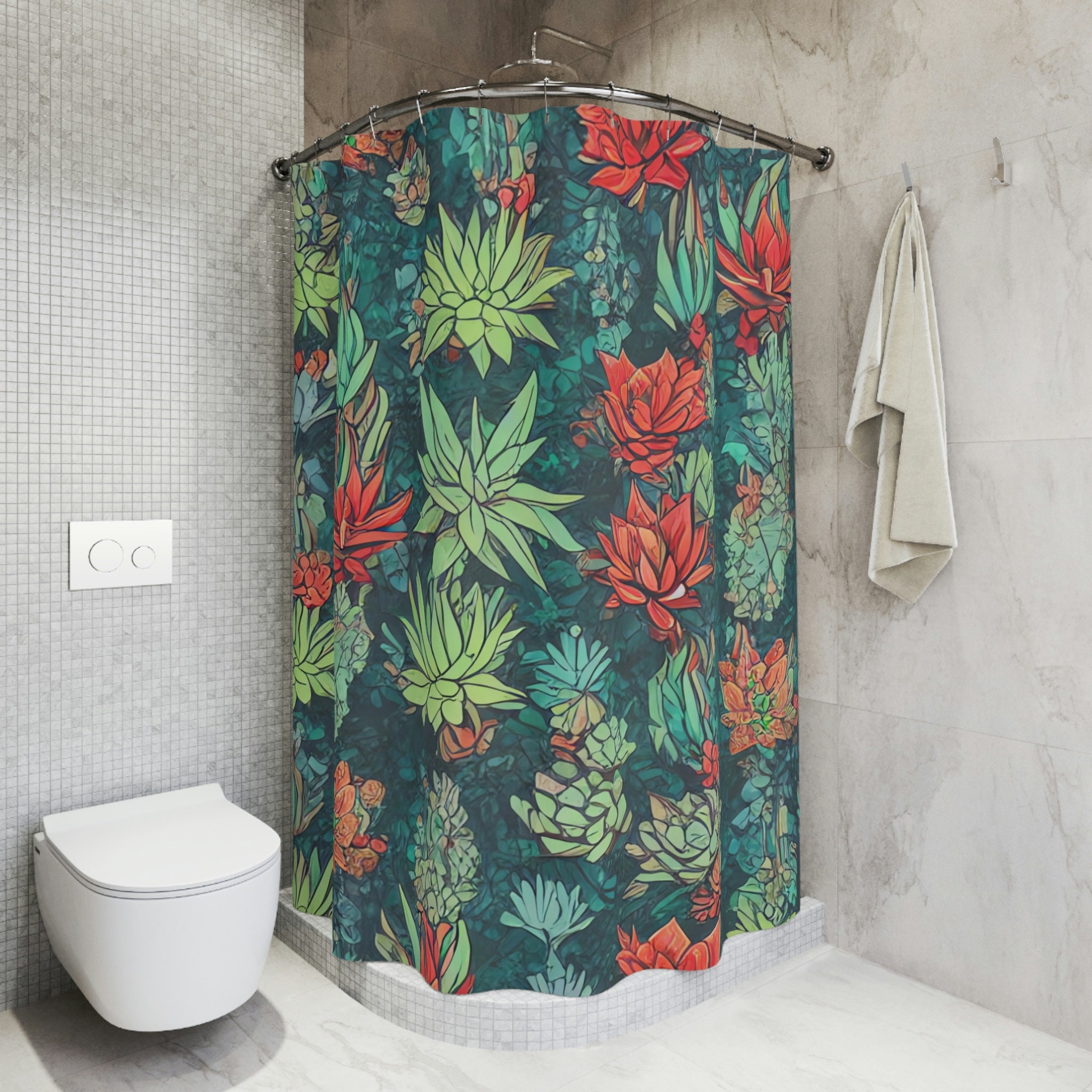 Botanical Shower Curtain with Succulent AI Art Print, Modern Bathroom Decor in Abstract Art