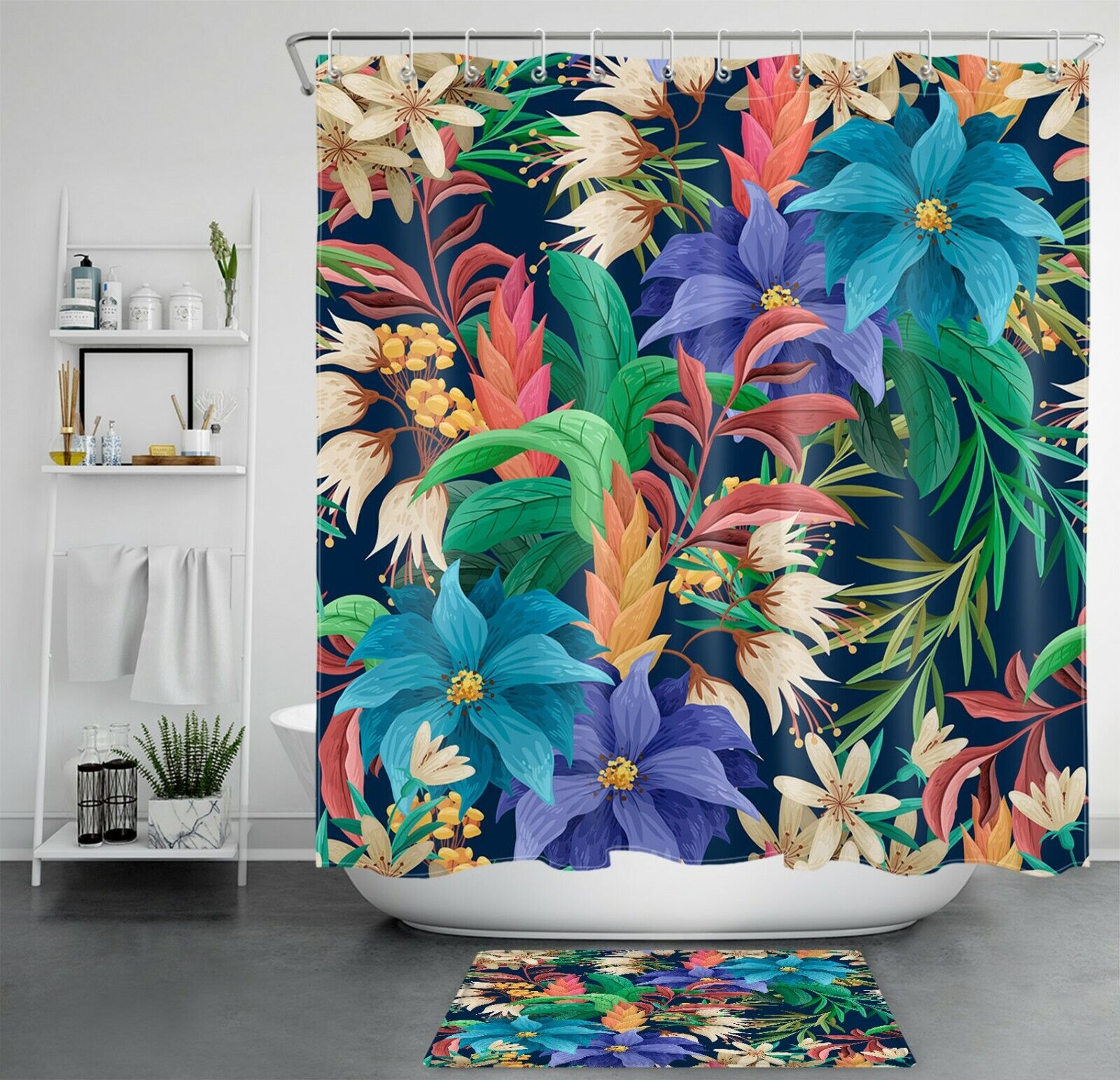 Botanical Shower Curtain with Tropical Flowers for a Feminine Bathroom Decor