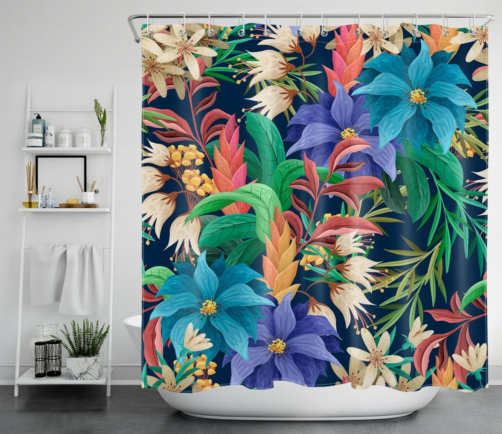 Botanical Shower Curtain with Tropical Flowers for a Feminine Bathroom Decor