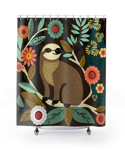 Botanical Sloth Print Shower Curtain, Nature-inspired Bathroom Decor