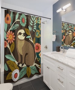 Botanical Sloth Print Shower Curtain, Nature-inspired Bathroom Decor