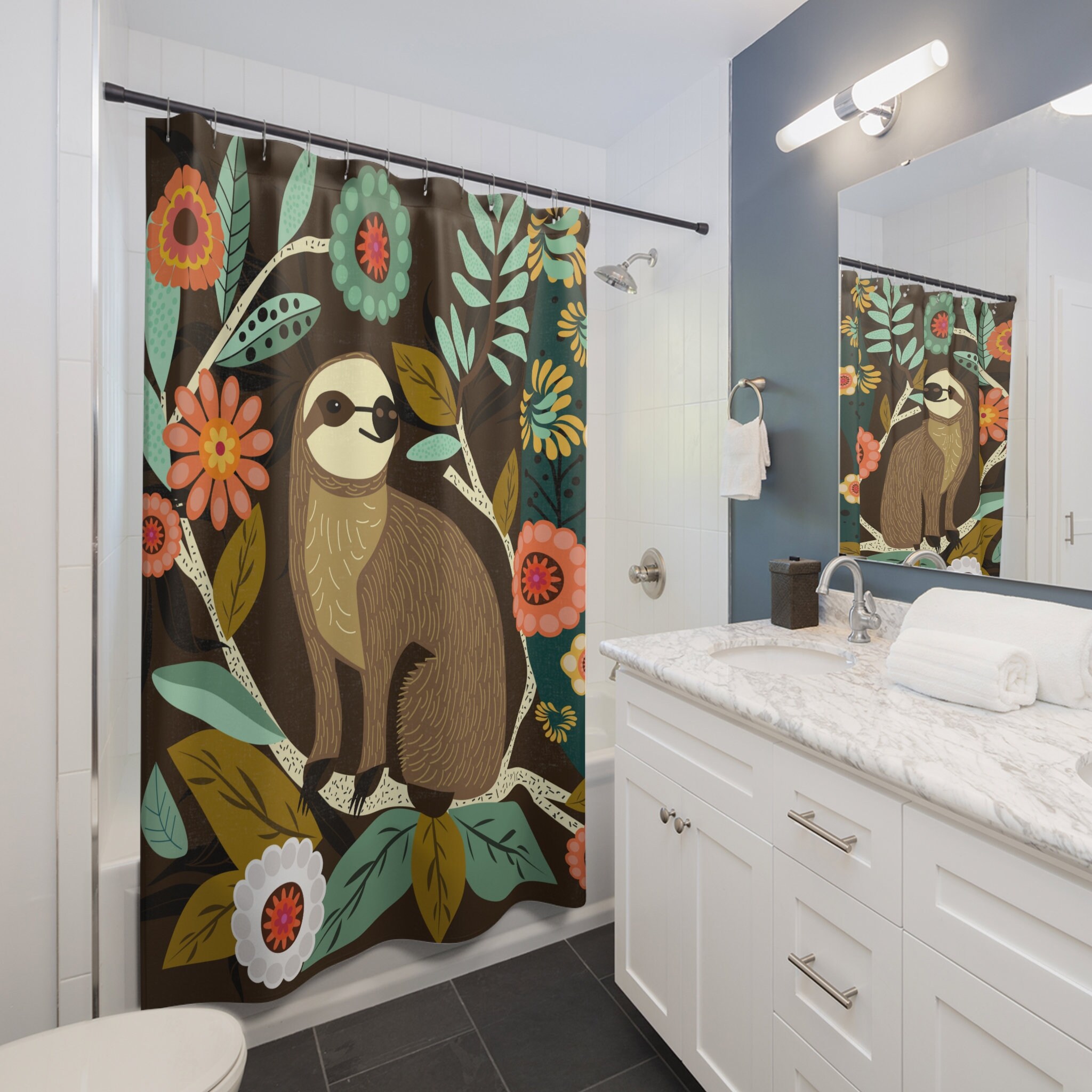 Botanical Sloth Print Shower Curtain, Nature-inspired Bathroom Decor