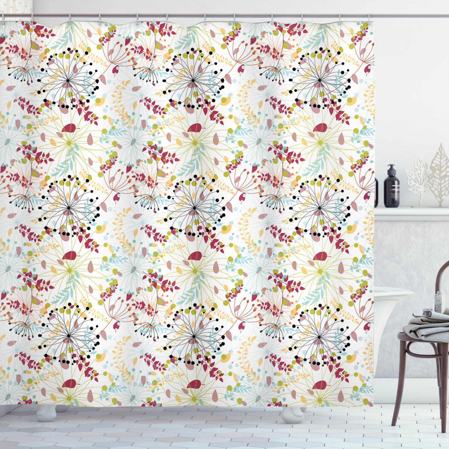 Botanical Spring Petals Print Extra-Long Floral Shower Curtain For A Elegant And Flowery Look