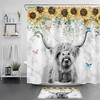 Botanical Sunflower Highland Cow Marble Shower Curtain For Rustic Bathroom Decor