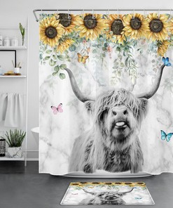 Botanical Sunflower Highland Cow Marble Shower Curtain For Rustic Bathroom Decor