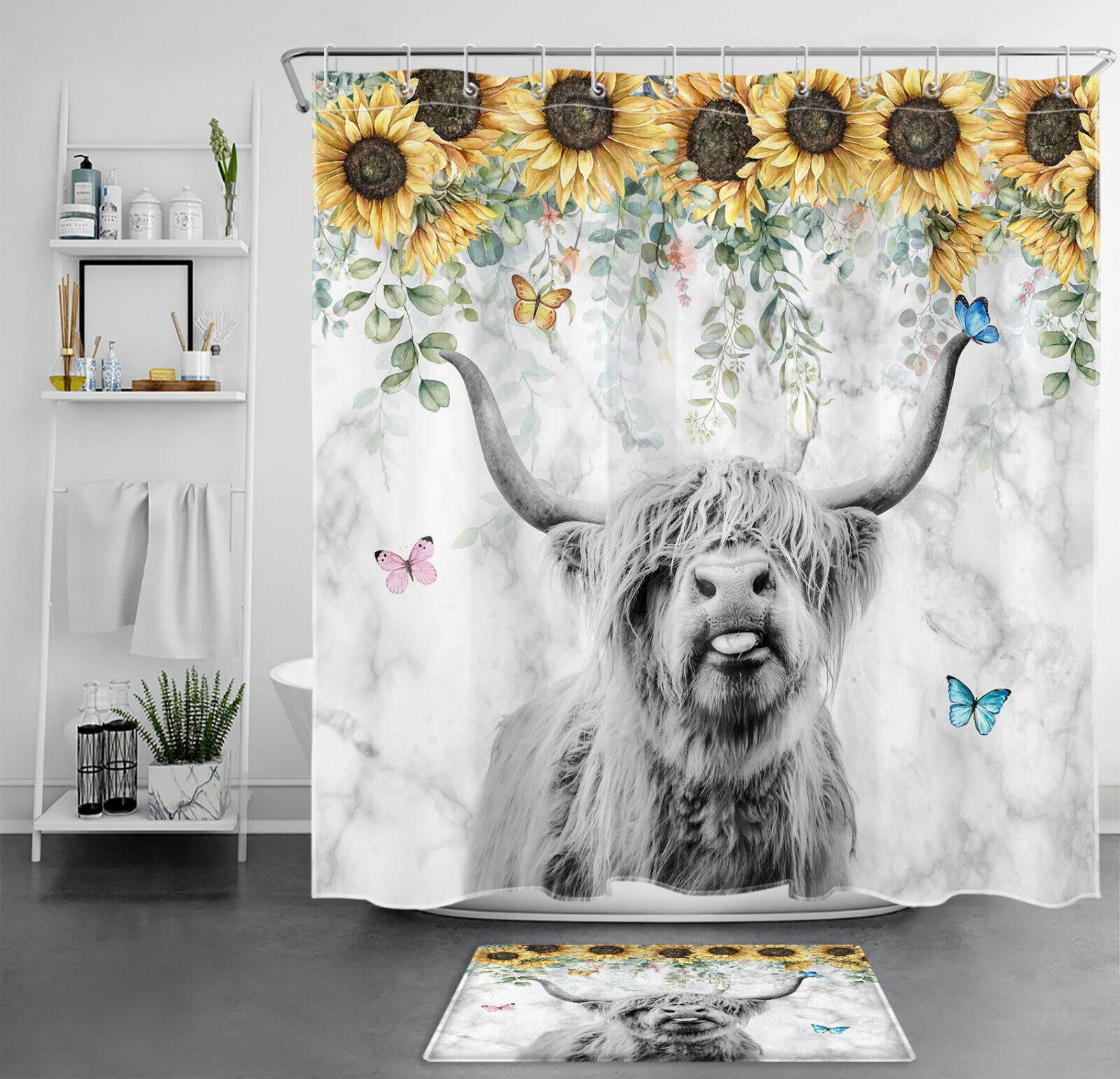 Botanical Sunflower Highland Cow Marble Shower Curtain For Rustic Bathroom Decor