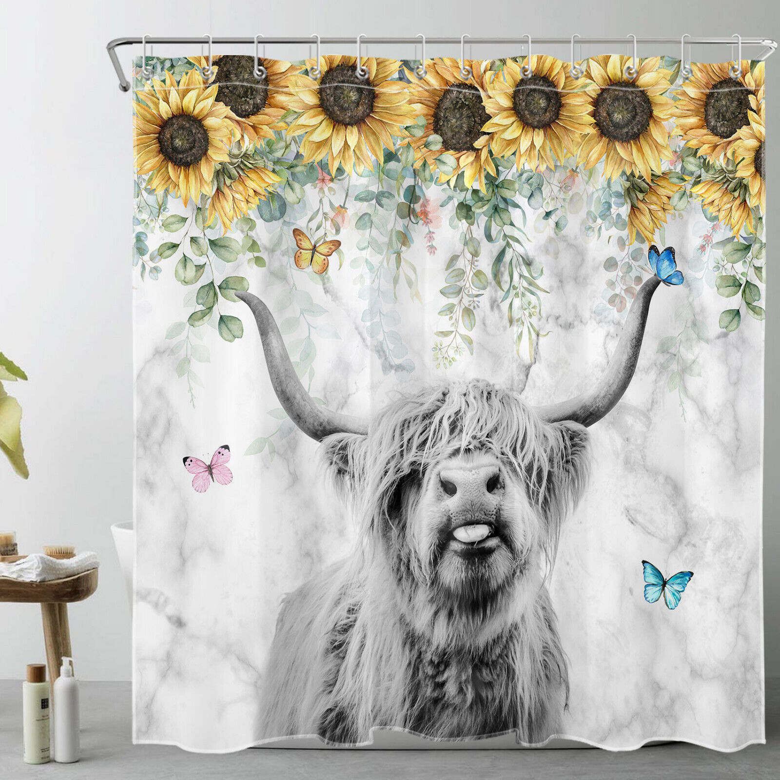Botanical Sunflower Highland Cow Marble Shower Curtain For Rustic Bathroom Decor - Image 2