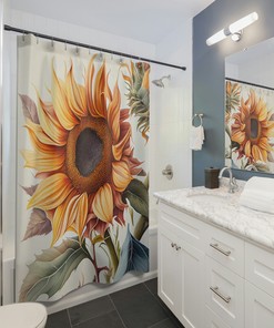 Botanical Sunflower Illustration Shower Curtain To Add Depth And Artistic Touch