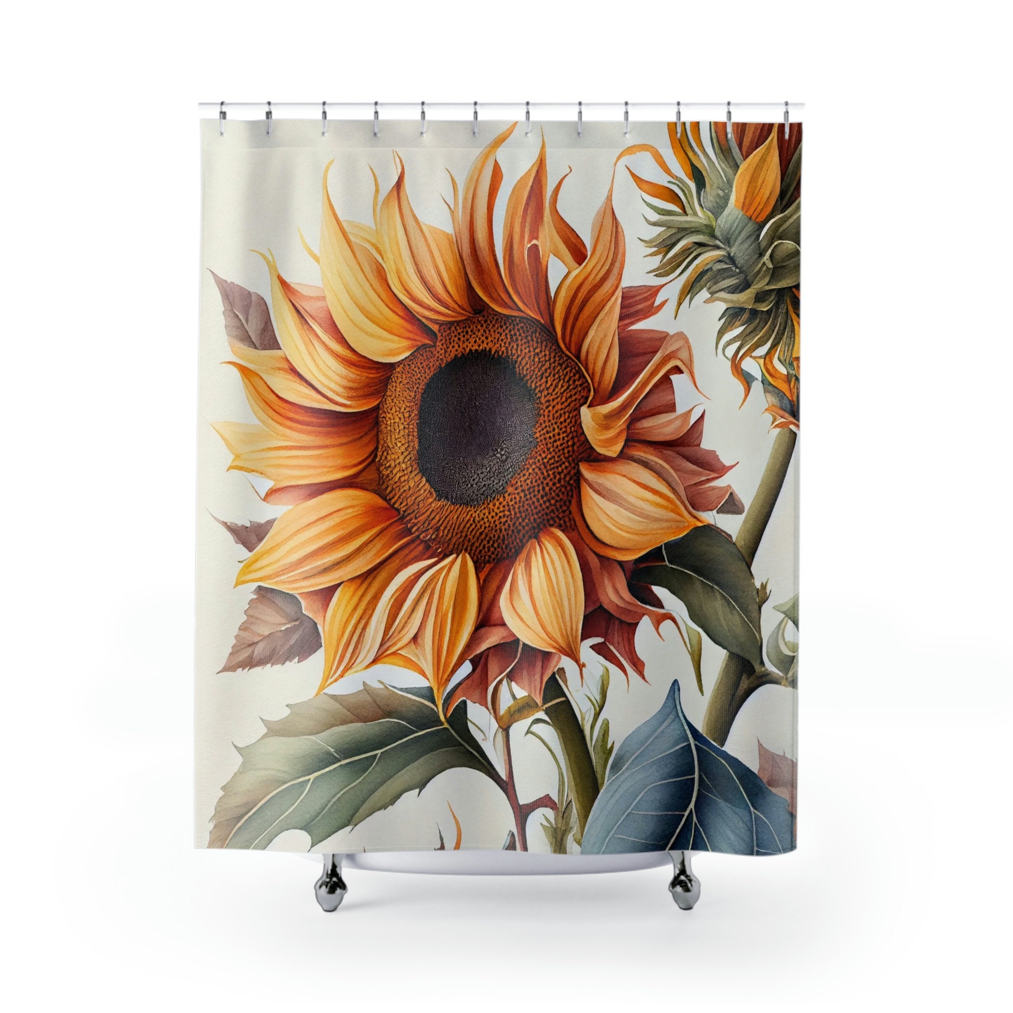 Botanical Sunflower Illustration Shower Curtain To Add Depth And Artistic Touch - Image 2