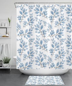 Botanical Teal Blue Leaf Shower Curtain Set, Minimalist Bathroom Accessory with Simple Design and Elegant Touch