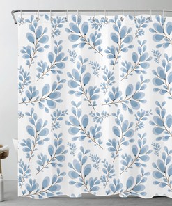 Botanical Teal Blue Leaf Shower Curtain Set, Minimalist Bathroom Accessory with Simple Design and Elegant Touch